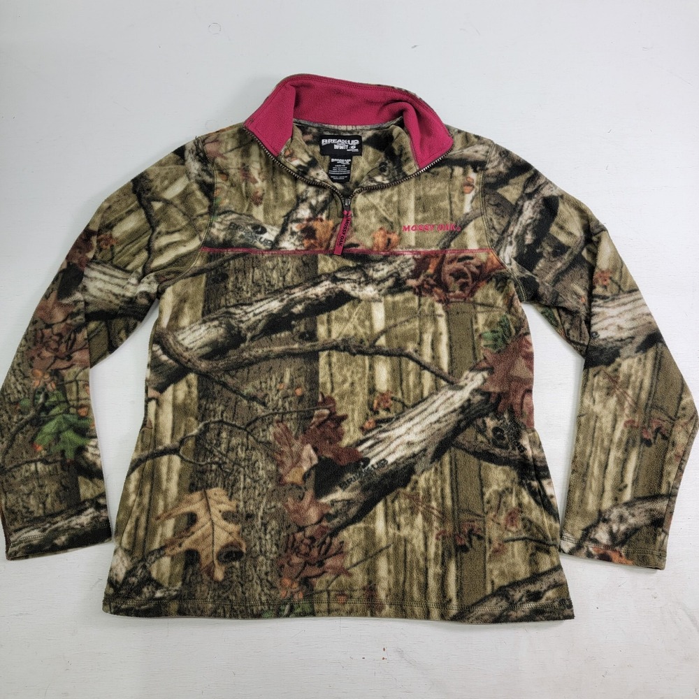 Mossy Oak Break-Up Women's Fleece Camo & Pink 1/4 Zip Jacket Hunting Sz L EUC
